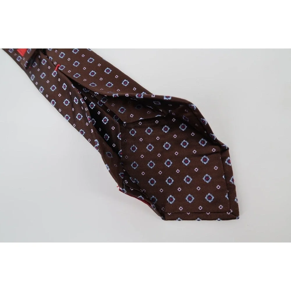 Isaia Napoli Silk Tie Mens OS Brown Blue Floral Geometric 7-Fold Handmade Italy - Picture 7 of 10